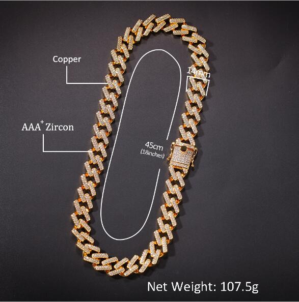 14mm Cubic Zircon Prong Cubans Link Necklace Gold Silver Plated Luxury Copper Micro Paved CZ Cuban Chain 16/18/20/22/24inch