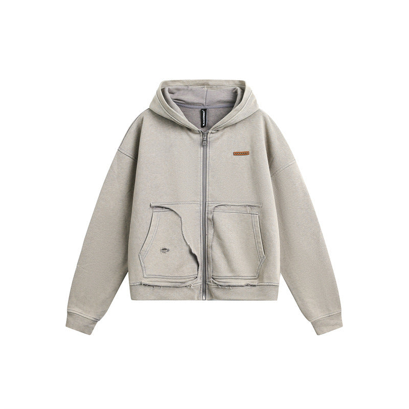 Trendy Washed Faded Raw Edge Pocket Zip-Up Hoodie Unisex