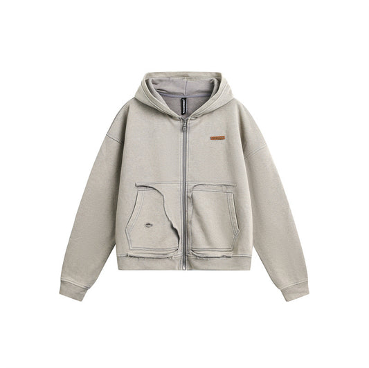 Trendy Washed Faded Raw Edge Pocket Zip-Up Hoodie Unisex