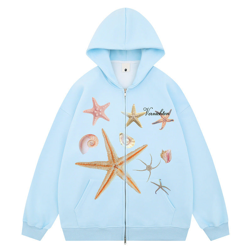 Print Hooded Sweatshirt New Design Loose Casual Zip-Up Jacket for Men and Women